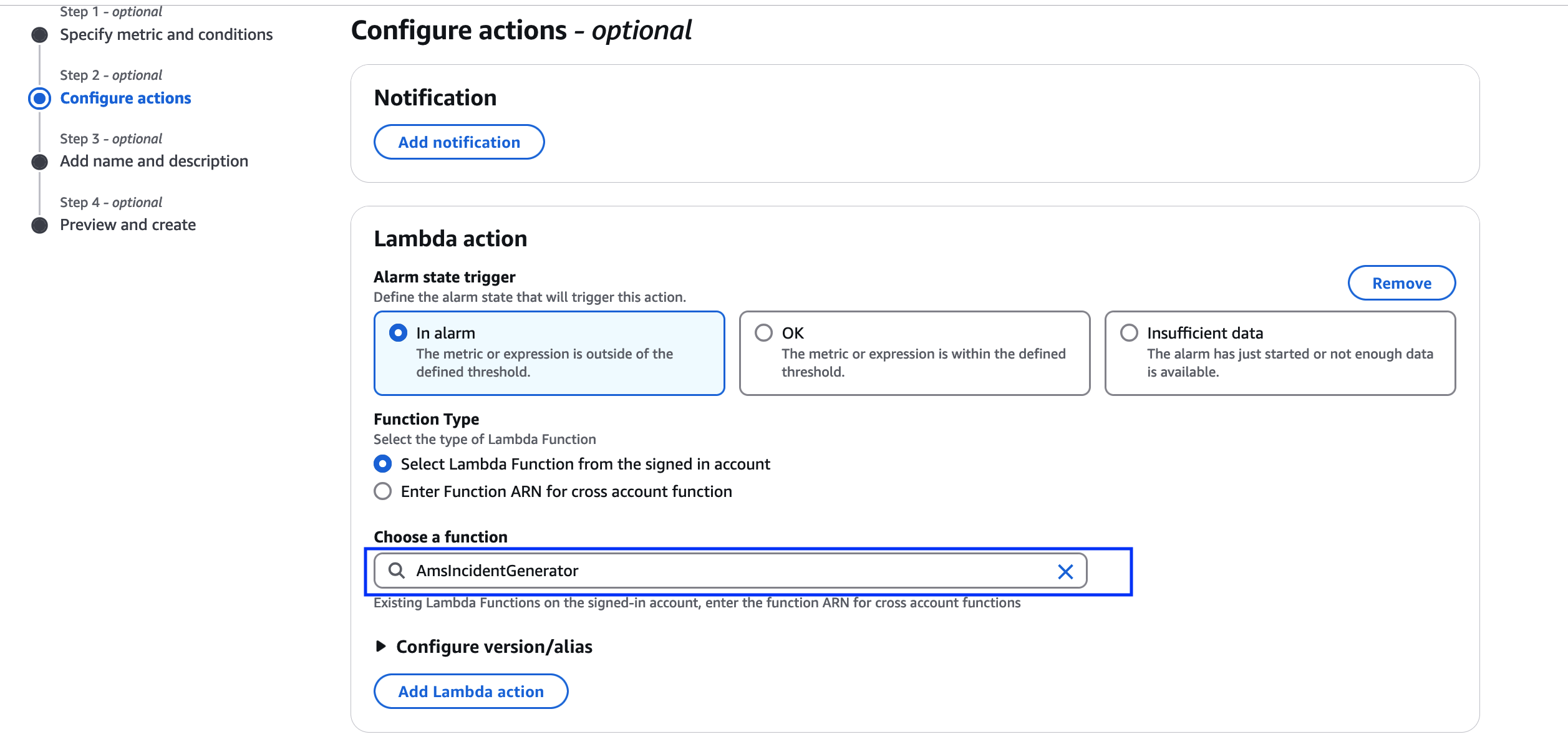In the workflow window, chose the Lambda action and Function Type as function from the signed account 