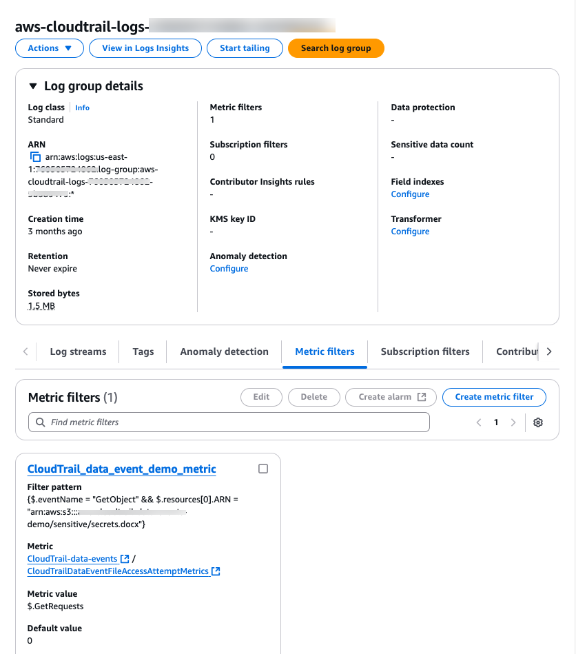 [Figure 5 – AWS Console – CloudWatch Metric Filters]