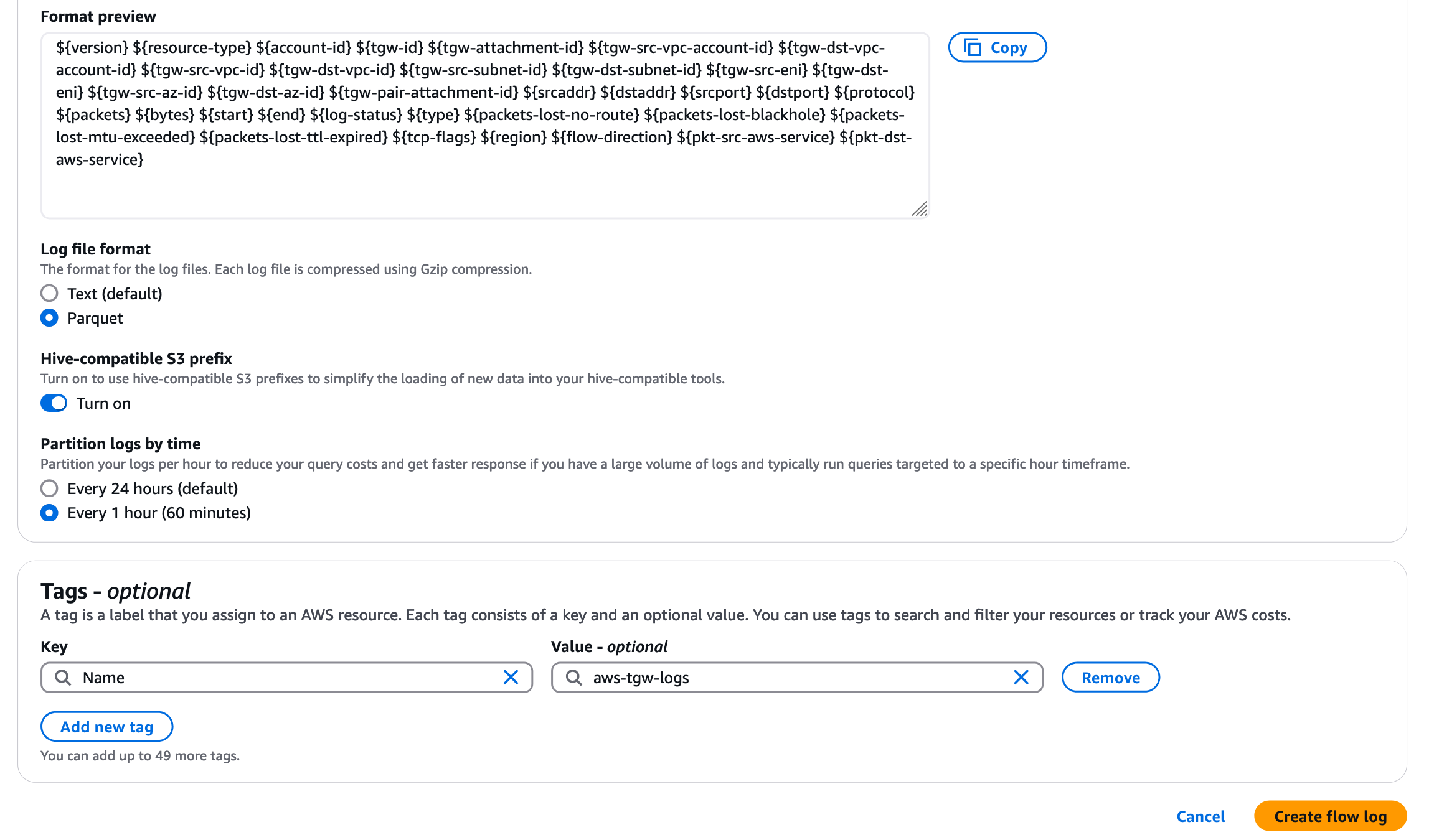 Includes steps to configure the S3 destination for the logs.
