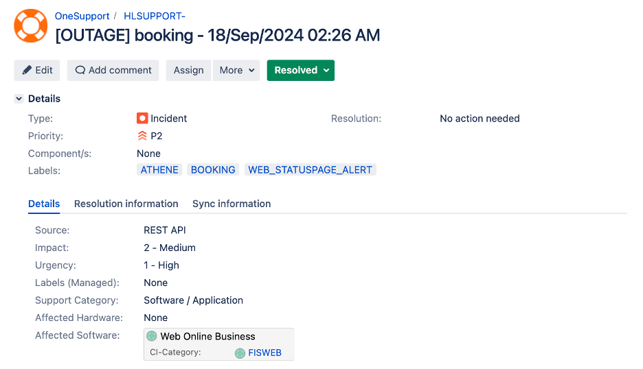 A Jira ticket which has been created because of a detected outage. The ticket shows essential metadata such as the responsible product team, the application, incident source, impact, and urgency.