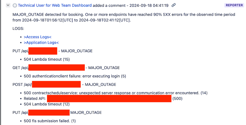 Comment section of a Jira ticket providing detailed information on affected endpoints and quick links to logs and dashboards.