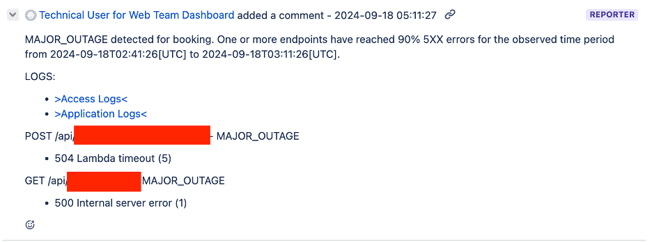 Updated comments section with two new affected endpoints, indicating that the outage is now impacting other parts of the application