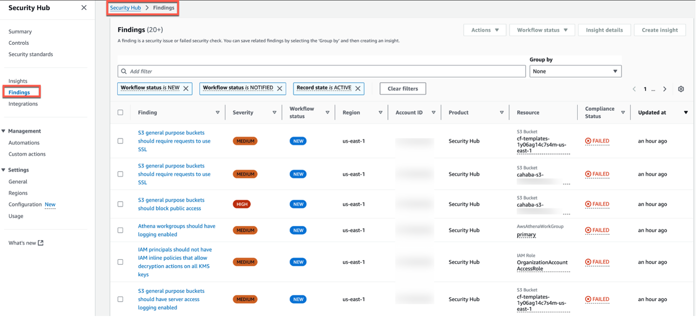 Image 3: Security Hub findings default view