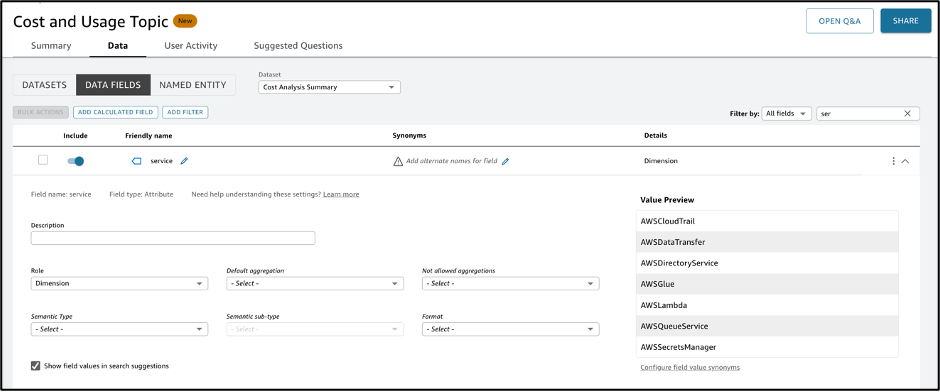 Cost and Usage topic- data fields and values