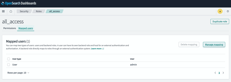 Choosing the “all_access” role and selecting “Manage mapping” within the “Mapped users” tab
