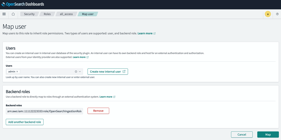 Entering the ARN of the IAM role created in step 3 in “Backend roles” and selecting “Map”