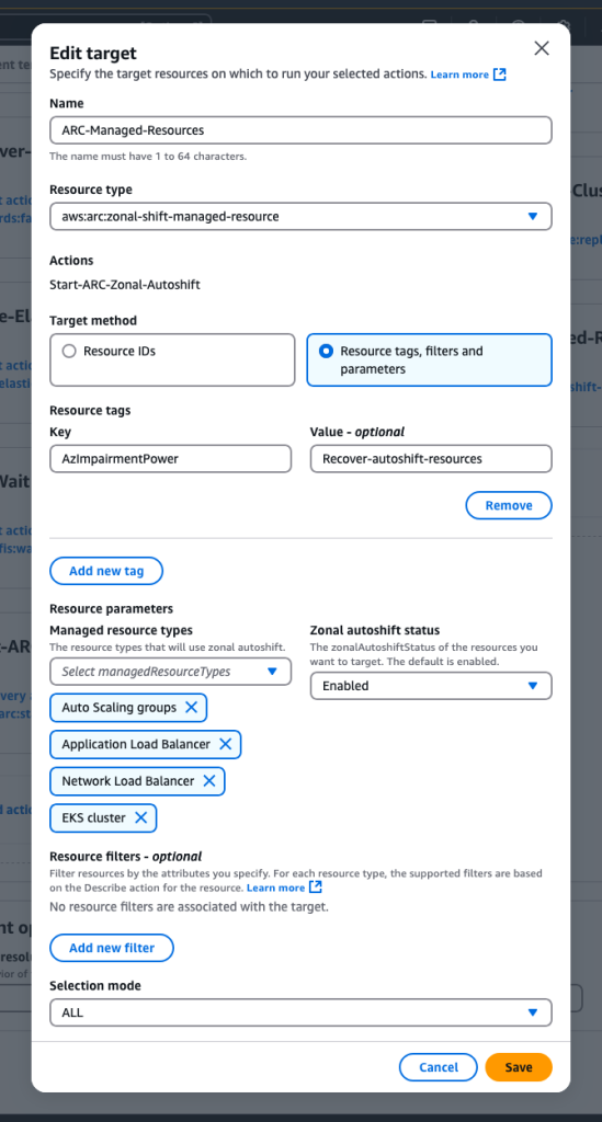 Figure 4: Zonal autoshift managed resource type configuration window.