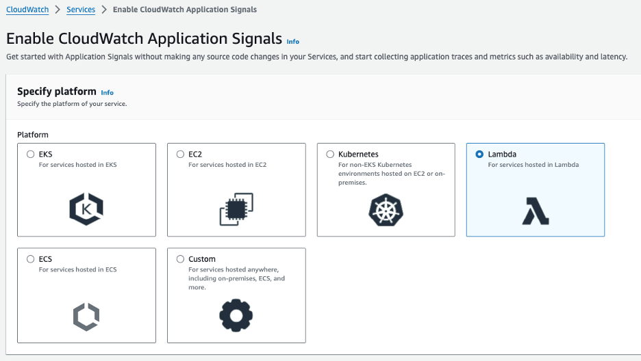 Figure 1. Enable CloudWatch Application Signals with option to choose Lambda