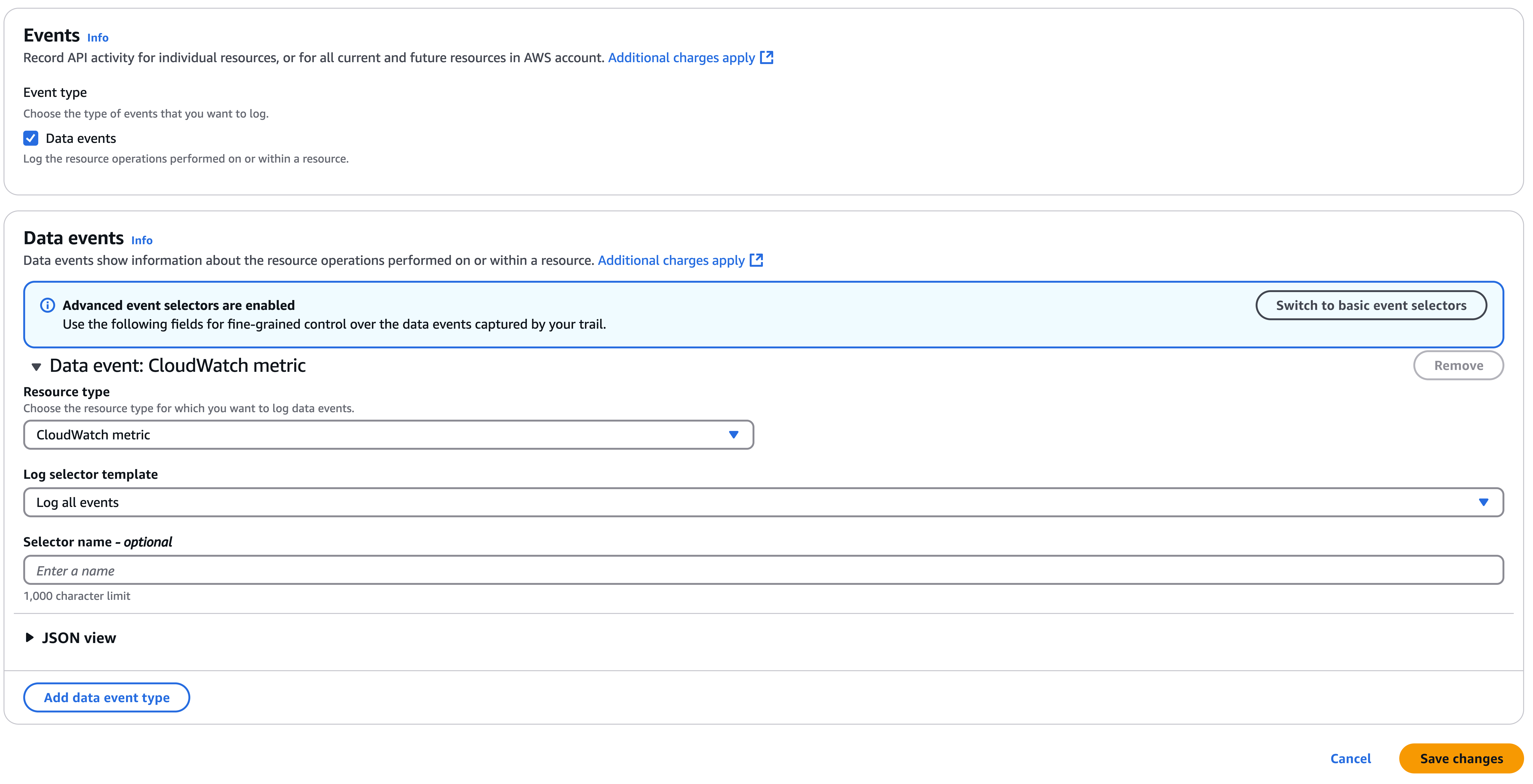 Screenshot of CloudTrail Console illustrating how to configure CloudWatch Metric Data Events