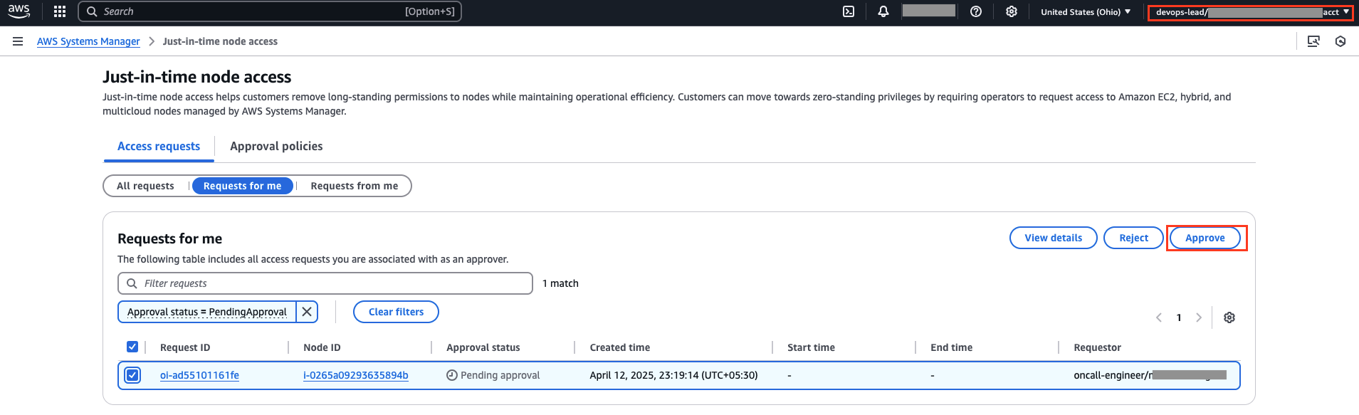 Just-in-time node access page showing list of access requests pending for approval by the approver