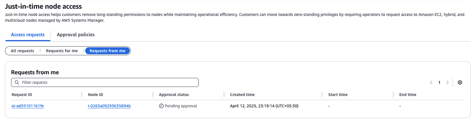 Just-in-time node access page showing list of access requests raised by operator