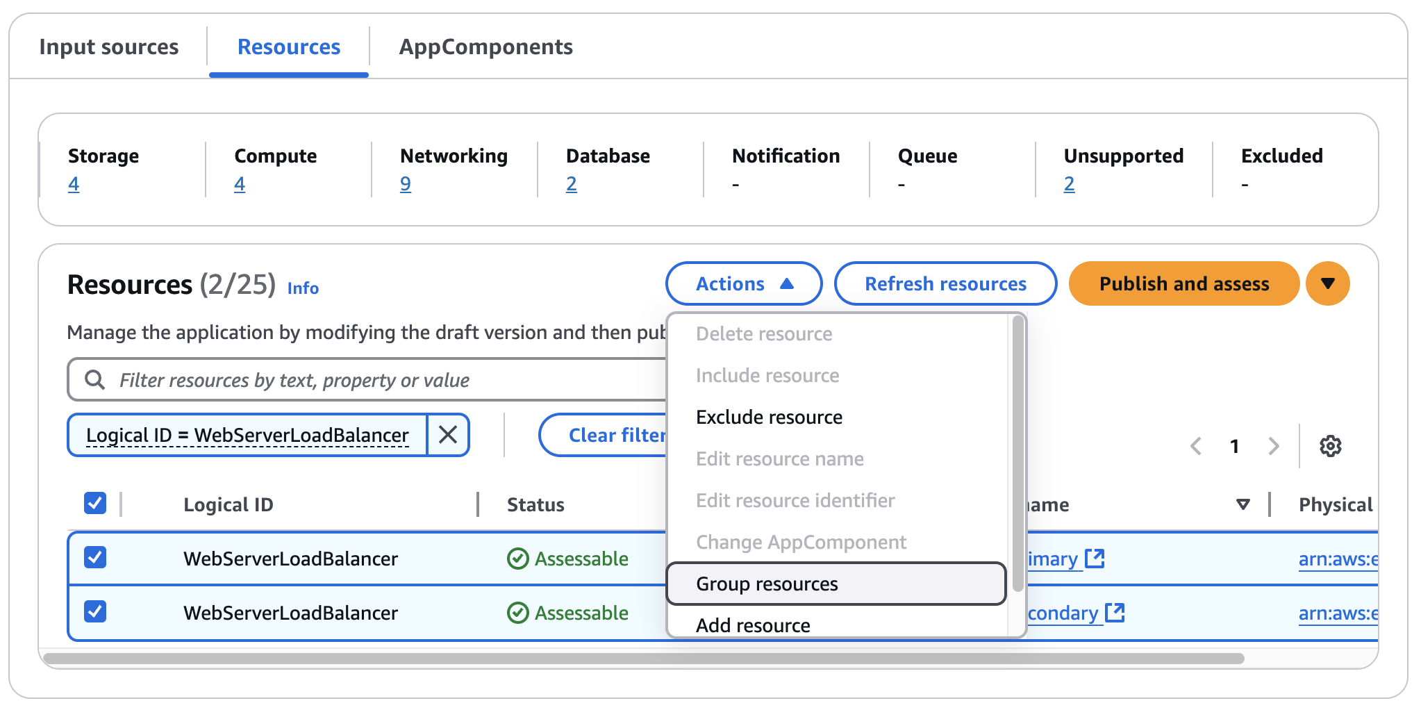 Image showing the UI to select resources to manually group