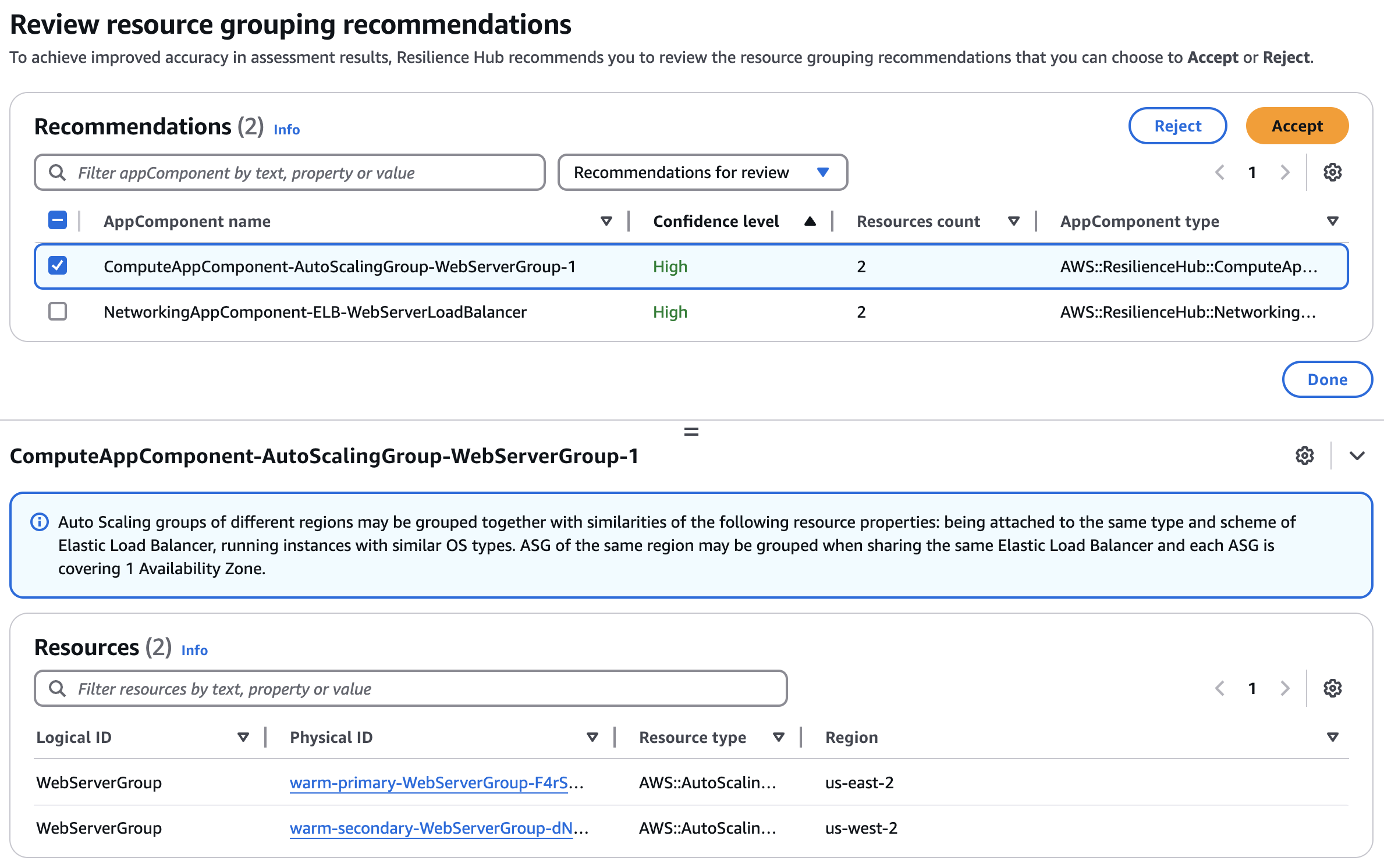 Image showing UI to review resource grouping recommendations