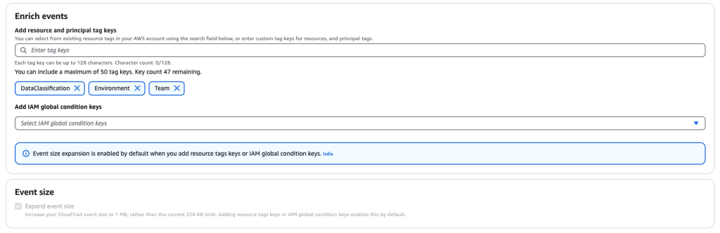 Enrich events configuration section of new event data store for CloudTrail Lake