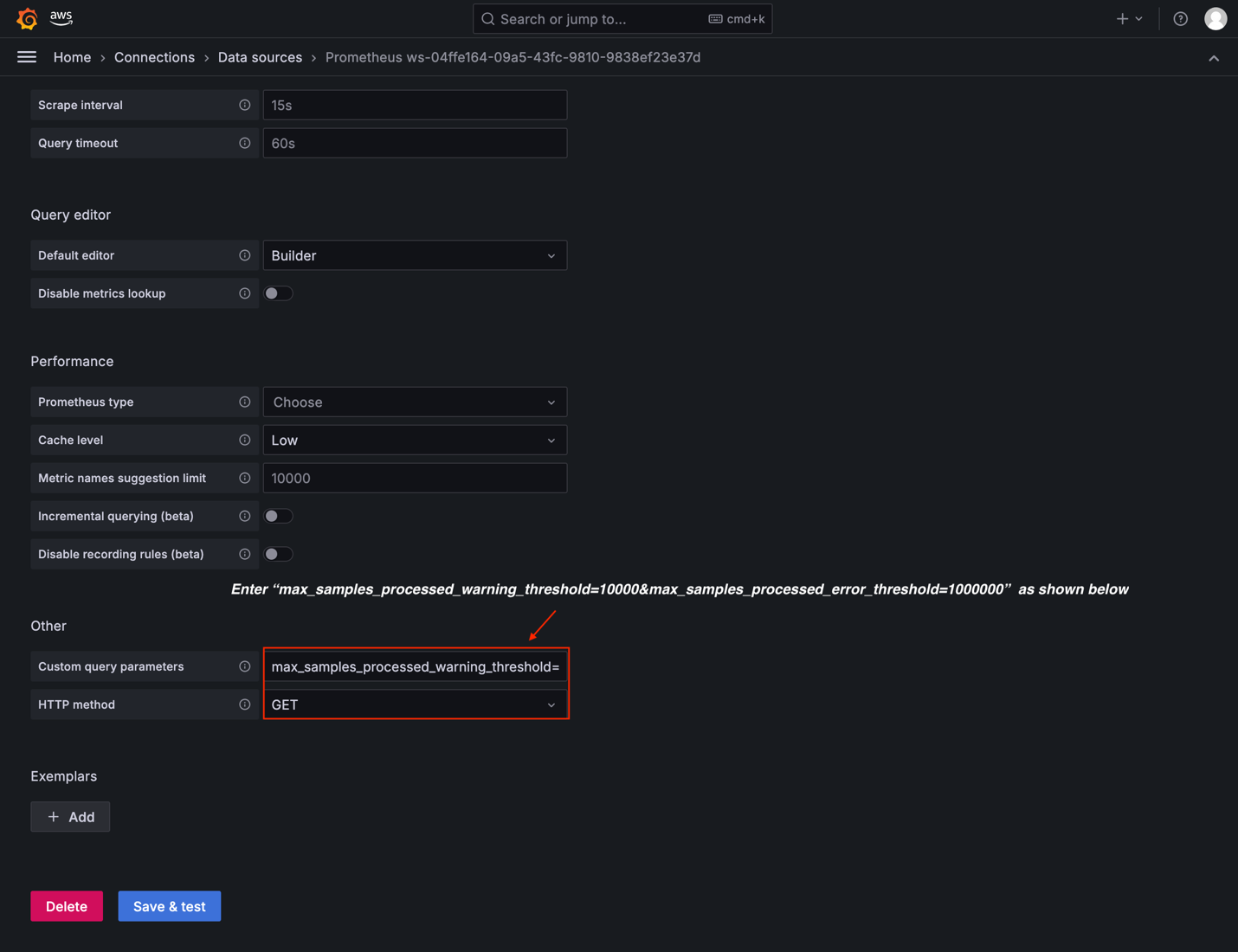 Figure 4: Configuring query parameters for warning and error threshold