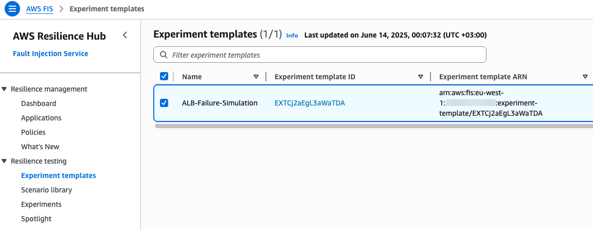 AWS FIS console showing the custom experiment template generated by the CloudFormation template.