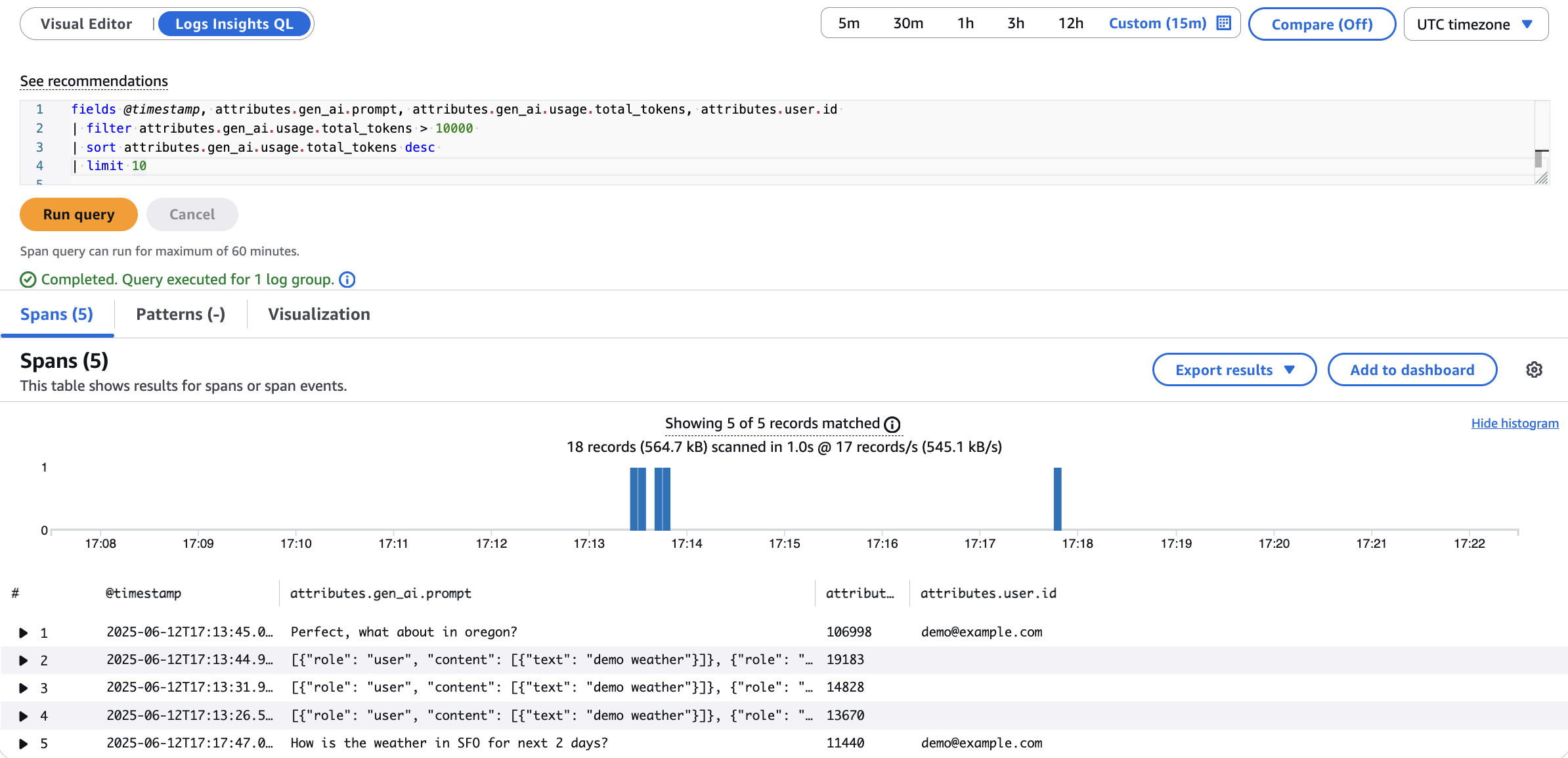 Image showing querying the aws spans log group using LogsInsights Query language