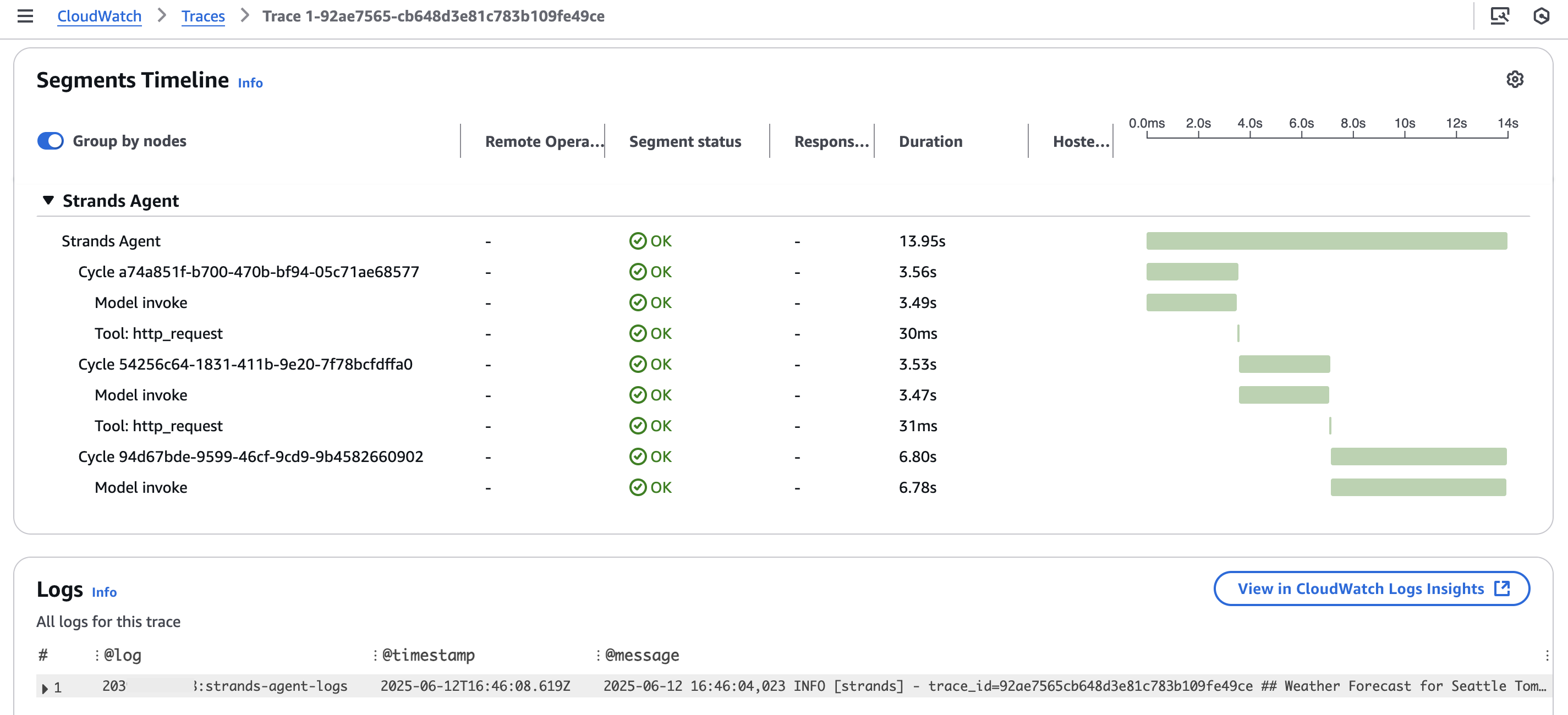Image showing Span timeline and correlated logs