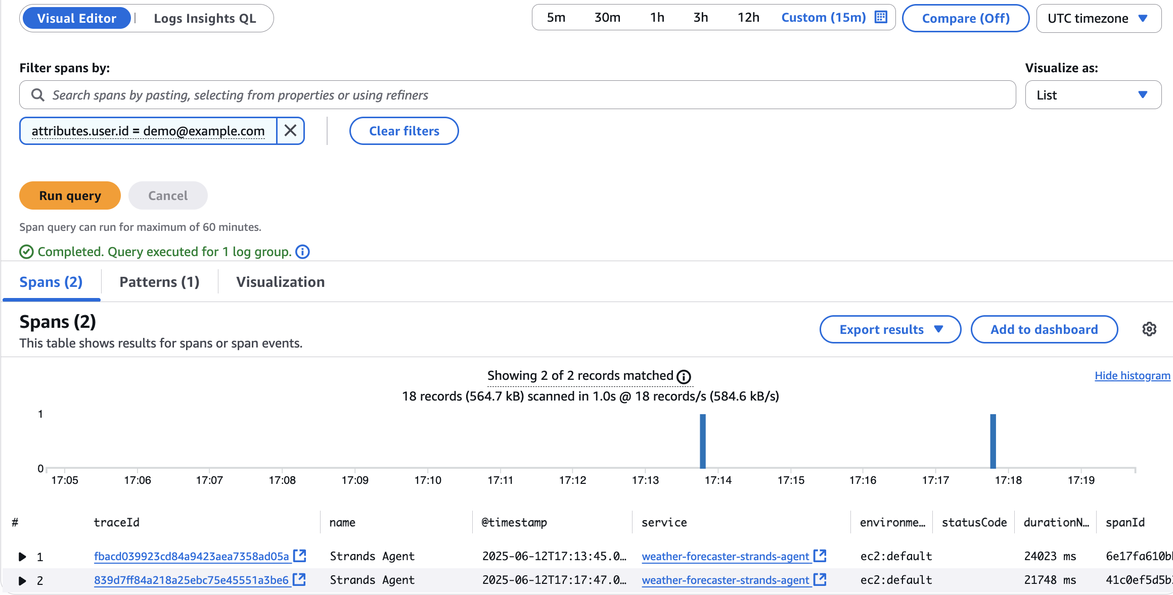Image showing the transaction search visual editor filtering using user id