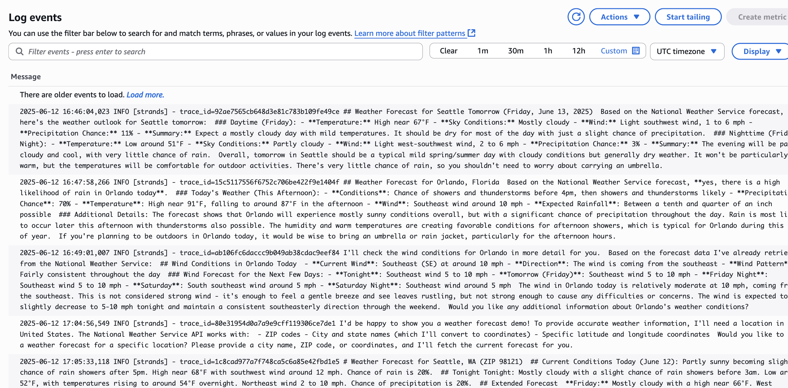 Image showing the application logs in the CloudWatch Logs console