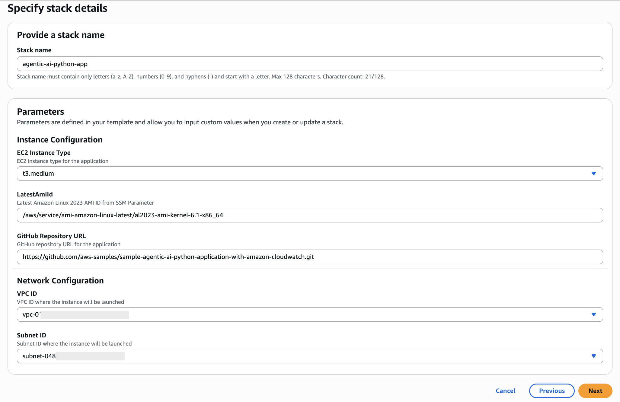 Image showing the input parameters for CloudFormation template