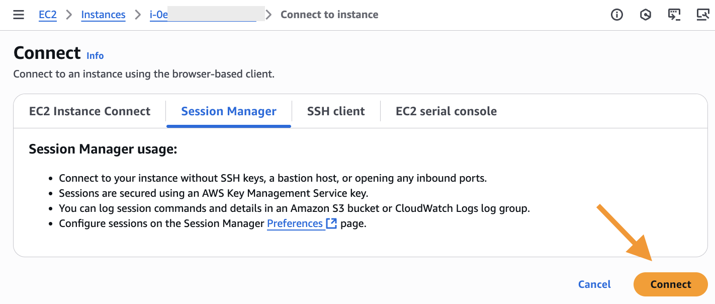 Image showing connecting to EC2 instance via Session Manager