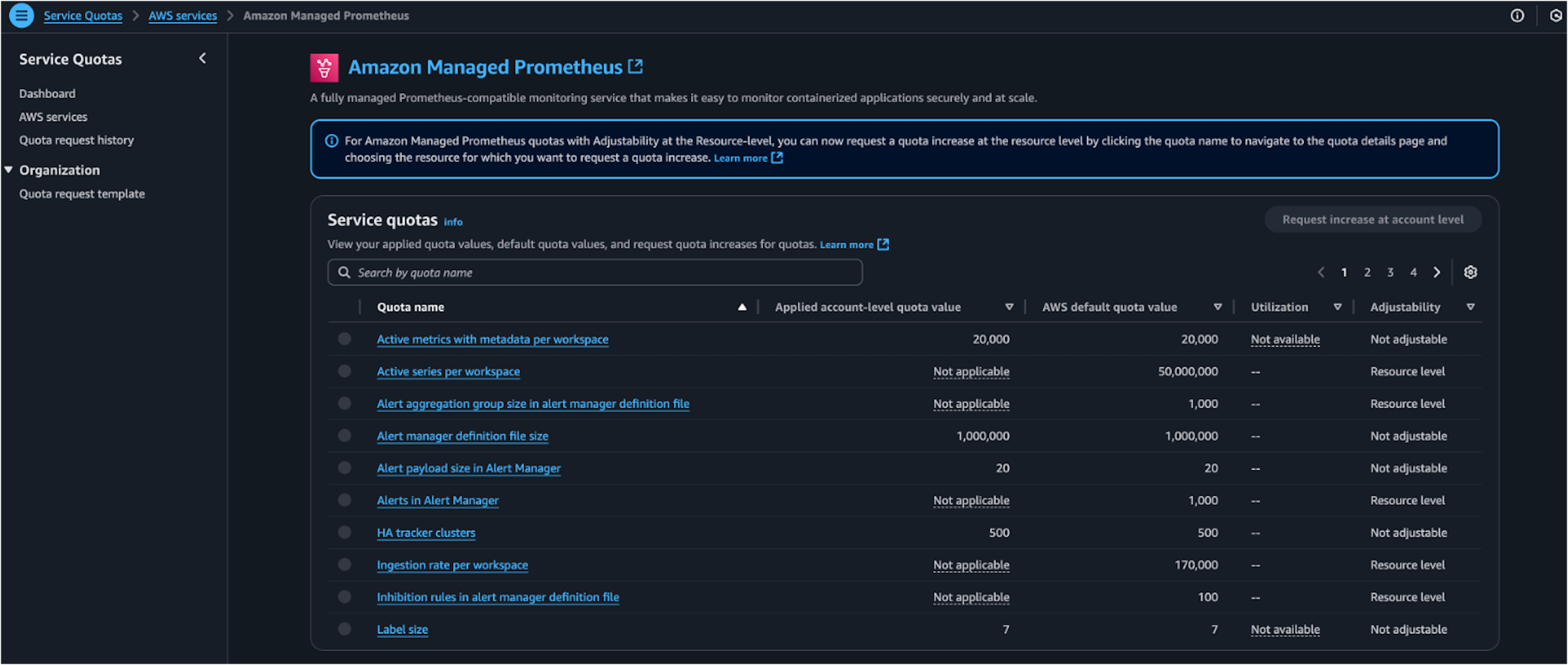 Figure 2: Amazon Managed Service for Prometheus service quotas using AWS Service Quotas