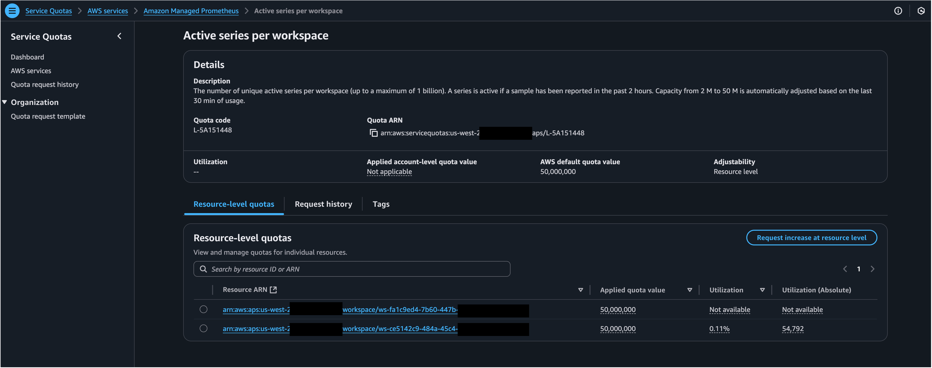 Figure 3: Quotas for Amazon Managed Service for Prometheus resource ‘Active series per workspace’ using AWS Service Quotas
