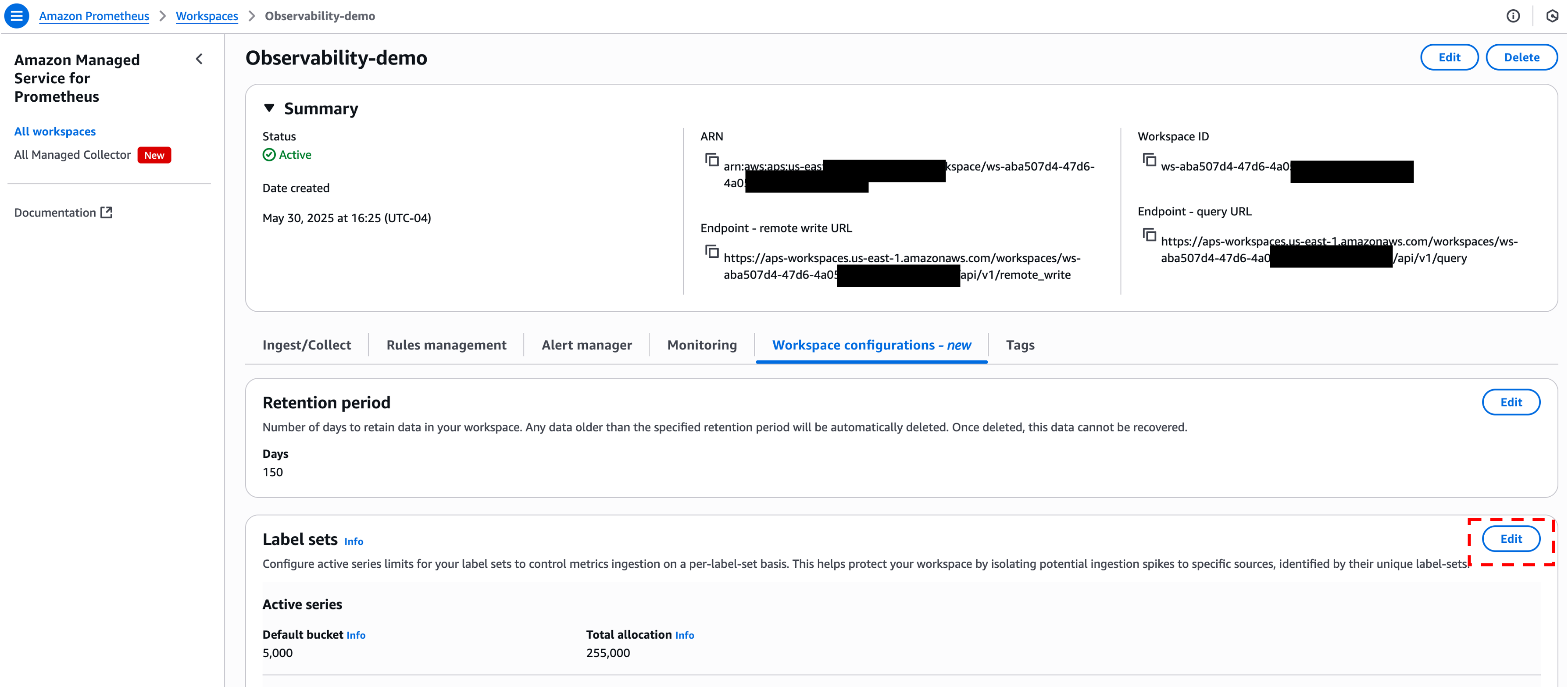 Figure 6: Modify Amazon Managed Service for Prometheus Workspace configurations