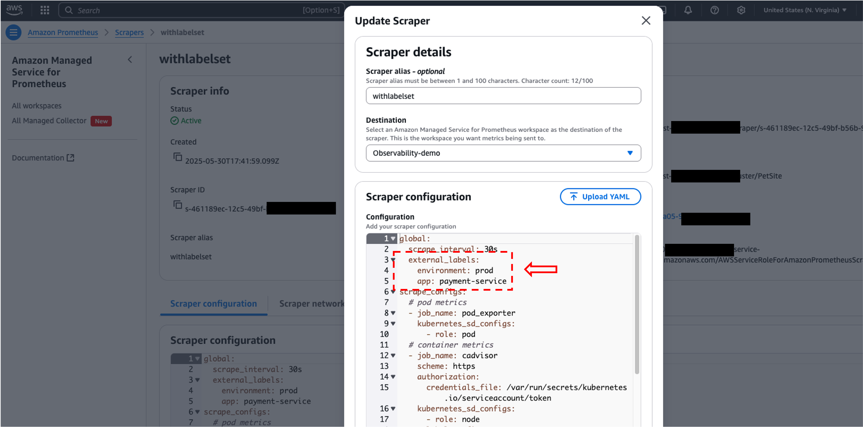 Figure 8: Update Scraper configuration in Amazon Managed Service for Prometheus