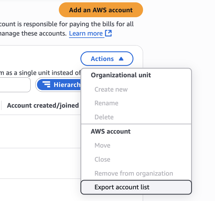 Image2: Export account list from AWS Organizations console