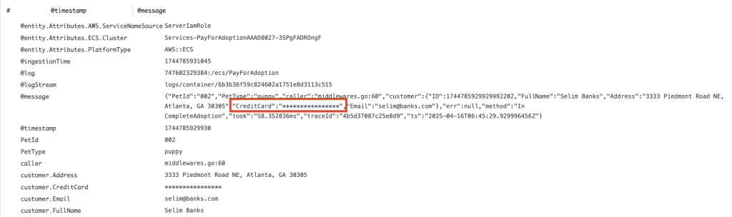 Capture of logs showing masked sensitive data
