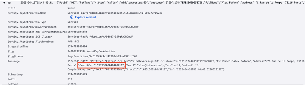 Capture of logs showing unmasked sensitive data