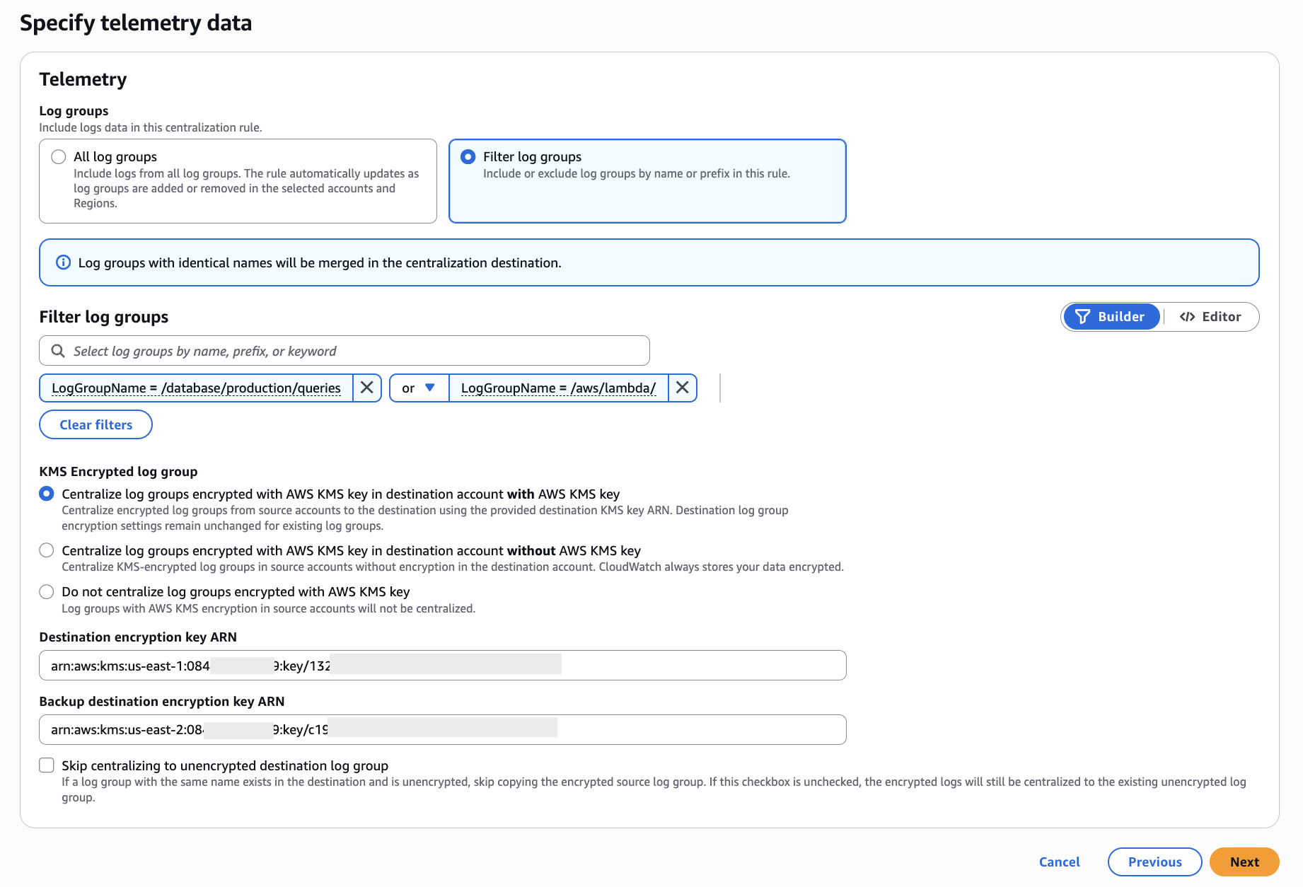 Specify telemetry data for Log Centralization