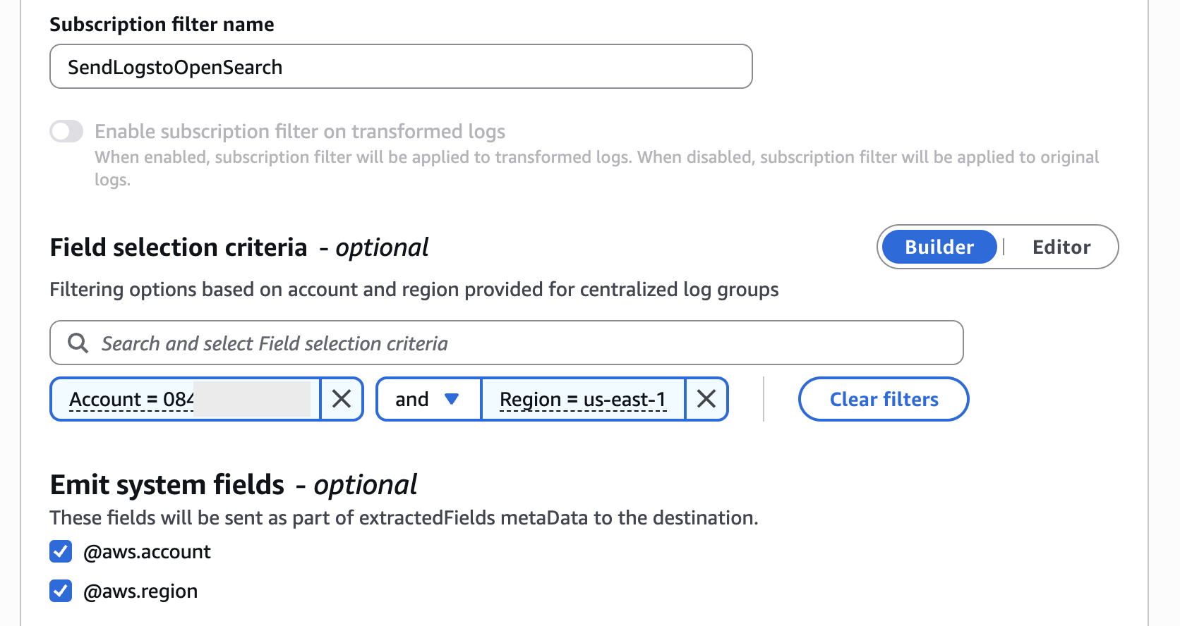 Filtering account and region fields in subscription filters