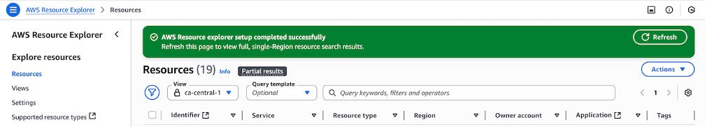 Figure 4. Resource Explorer setup complete with call to action to refresh the page for full, single-Region results on the Resource Explorer console. 