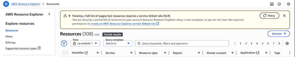 Figure 6: Warning banner indicating completing setup of Resource Explorer requires permission to create a Service-Linked Role (SLR)