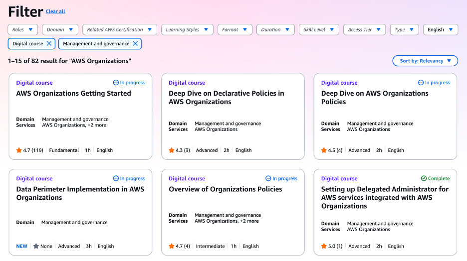 Figure 1. Screenshot of how to search for AWS Organizations courses in AWS Skill Builder