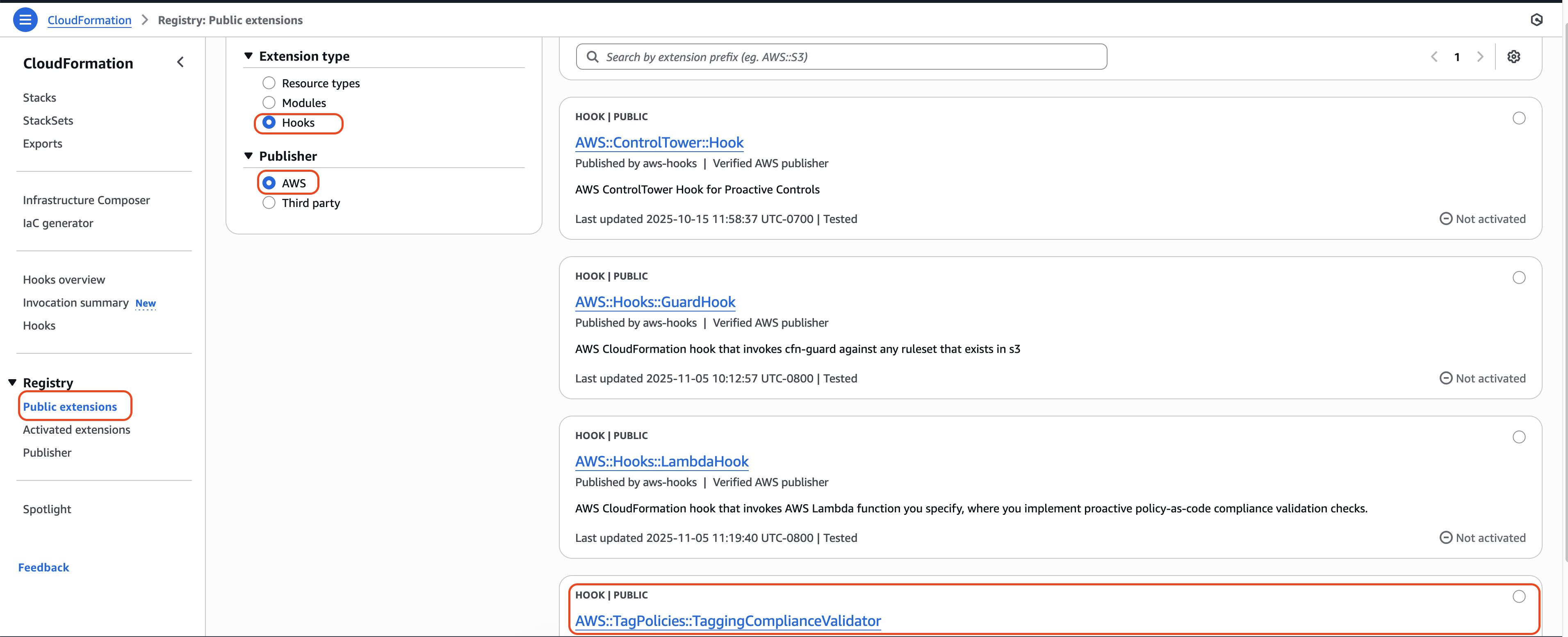 [Figure 2] CloudFormation catalog of AWS managed Hooks.