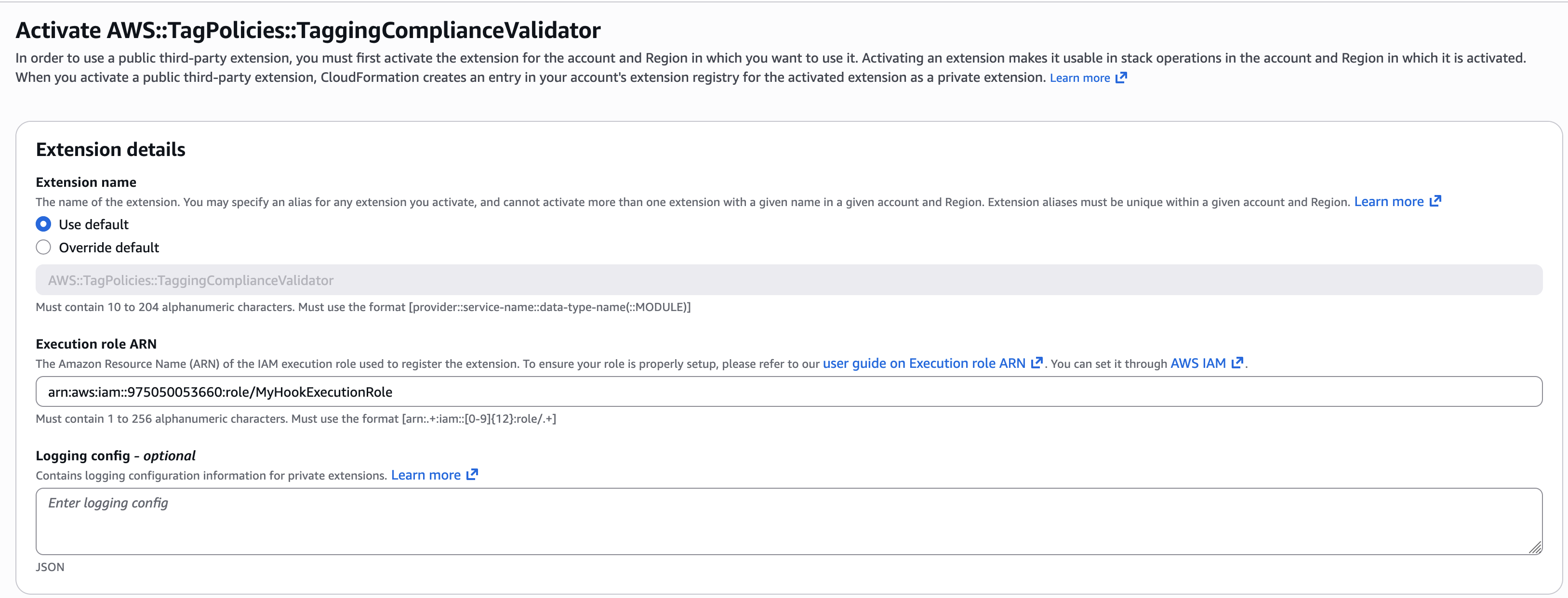 [Figure 4] Description page for AWS::TagPolicies::TaggingComplianceValidator CloudFormation Hook