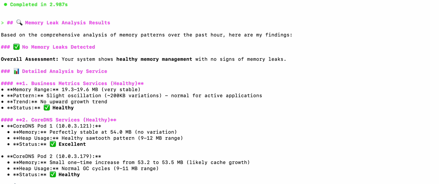 Figure 7: Time series graph showing memory usage patterns over 24 hours with execute_range_query results highlighting potential memory leak in application containers with steadily increasing memory consumption
