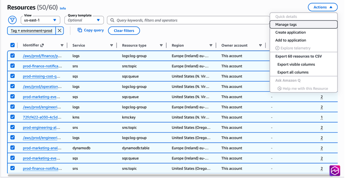 Figure 5. Select ‘Manage tags’ from the Actions menu to act on multiple selected resources. 