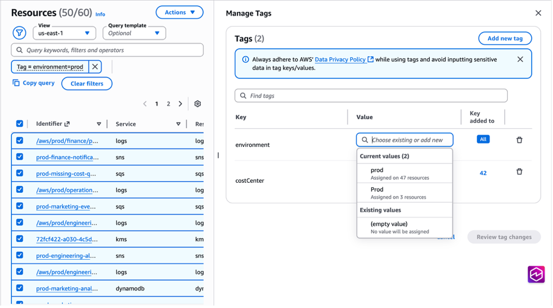 Figure 6. A capitalization error in your tag value (prod vs. Prod) is causing access issues. 