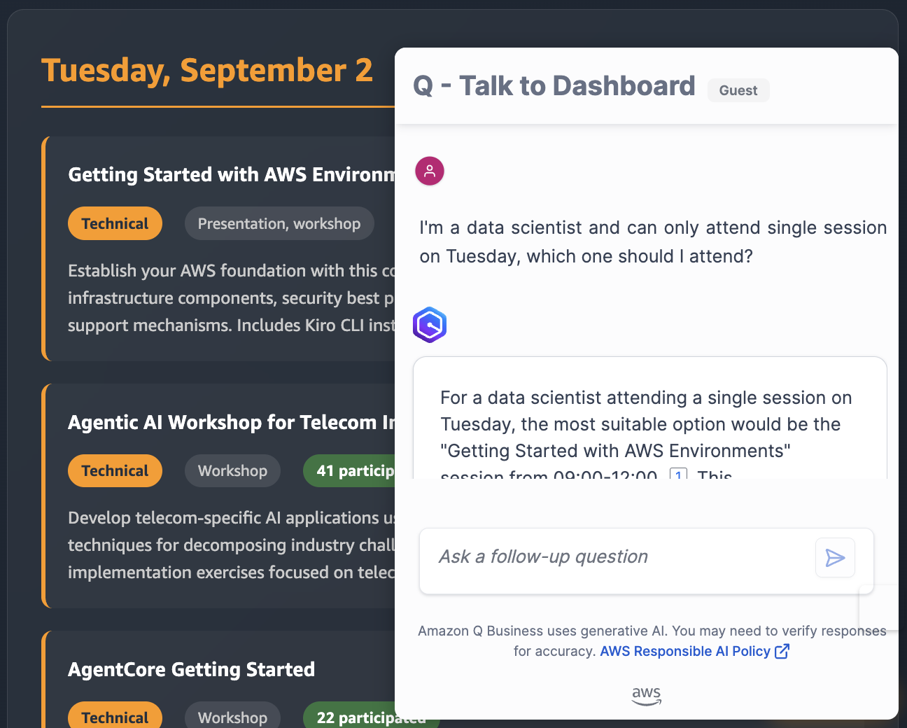 Amazon Q Business chat interface overlaying the hackathon agenda, showing a participant asking which Tuesday session to attend as a data scientist, with Q recommending the Getting Started with AWS Environments session based on their role