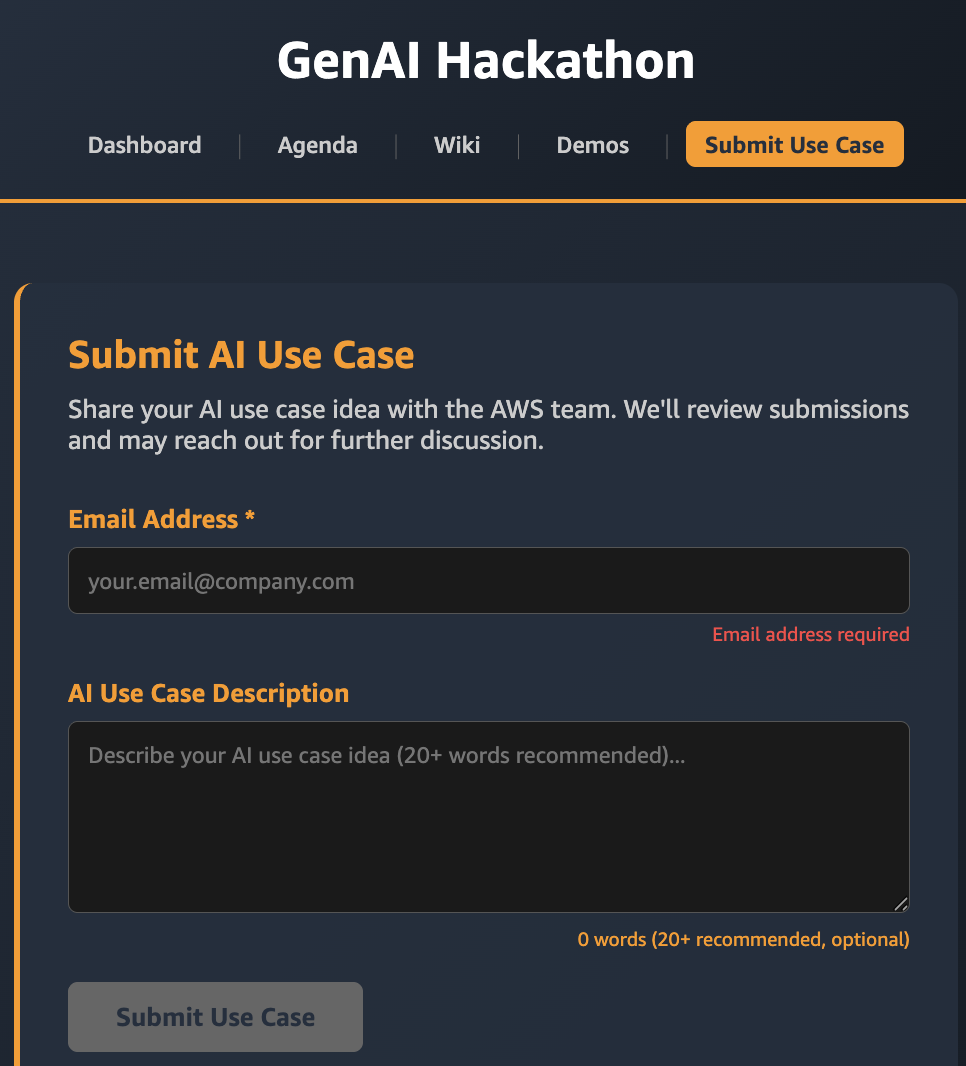 GenAI Hackathon dashboard showing Submit AI Use Case form with email address field and use case description textarea, allowing participants to share ideas with the AWS team for review