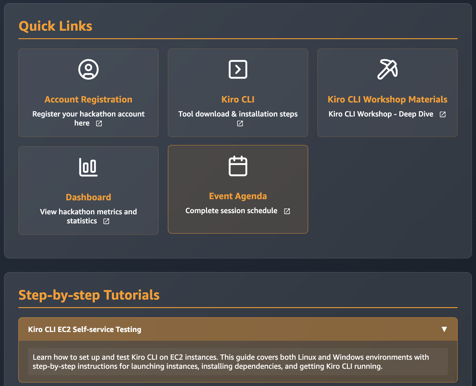 GenAI Hackathon dashboard showing Submit AI Use Case form with email address field and use case description textarea, allowing participants to share ideas with the AWS team for review