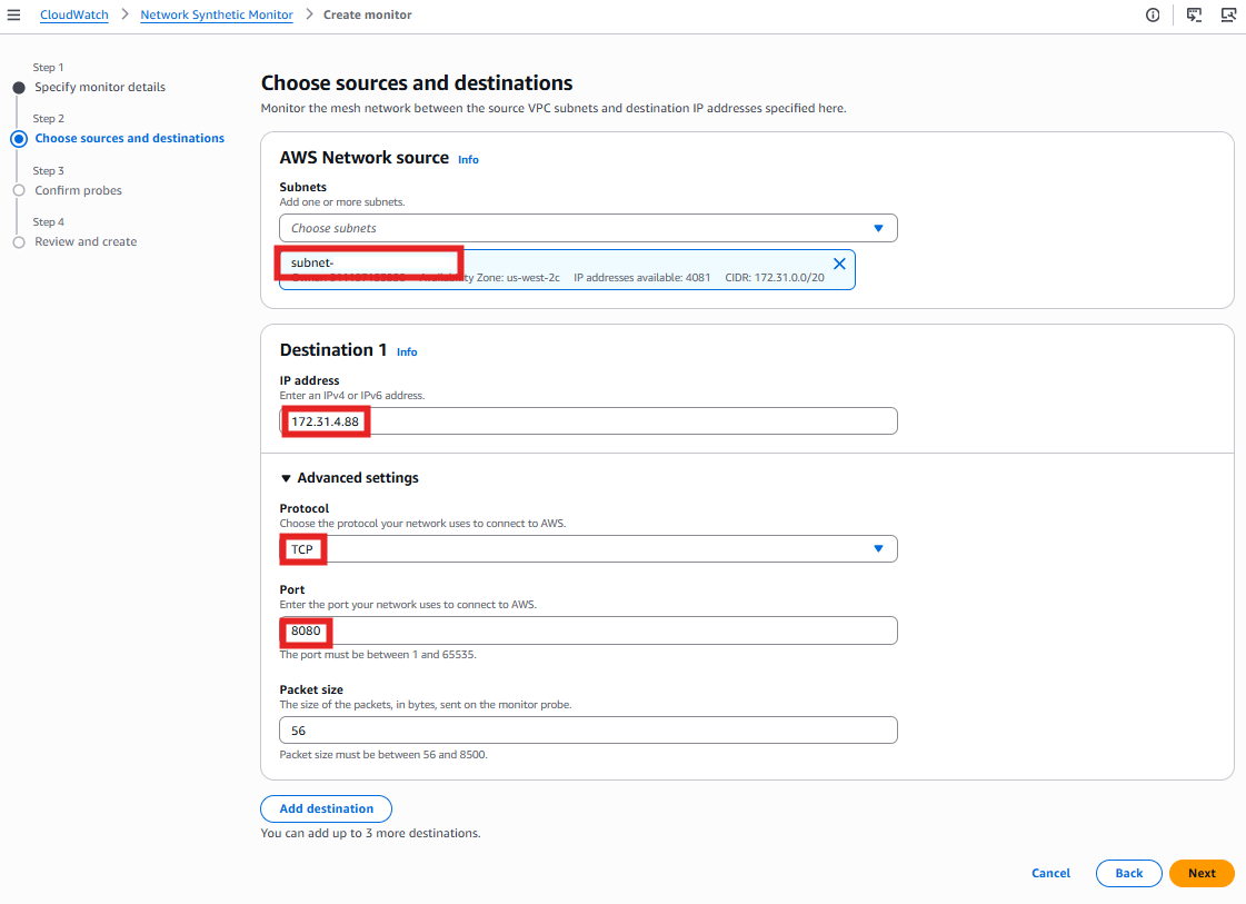 Figure 5 – Create Network Synthetic Monitor, probe configuration