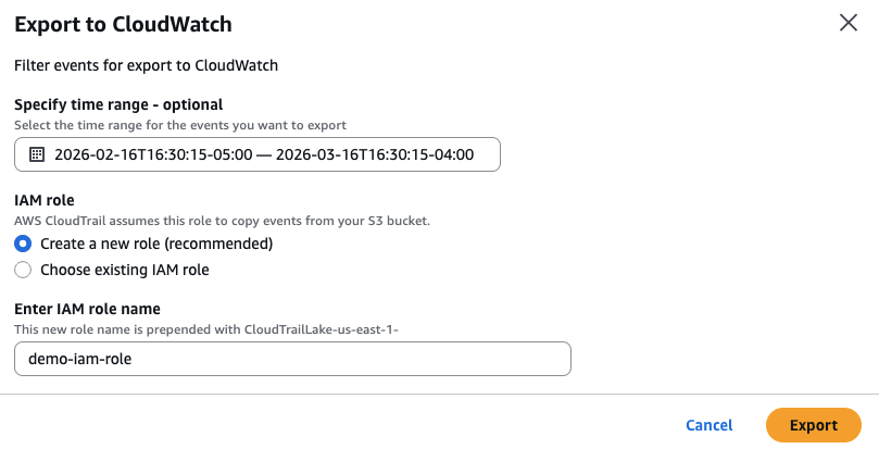 Export to CloudWatch configuration screen showing time range selection and IAM role configuration.