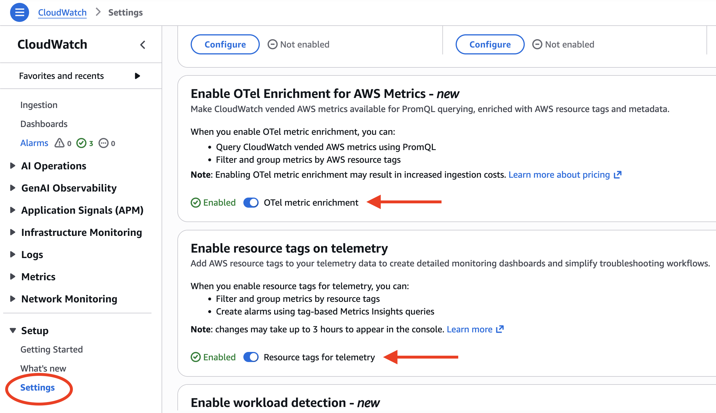 Architecture diagram showing the OTLP metrics ingestion flow from an Amazon EKS cluster through the CloudWatch agent to the CloudWatch OTLP endpoint, with enrichment layers and PromQL query paths