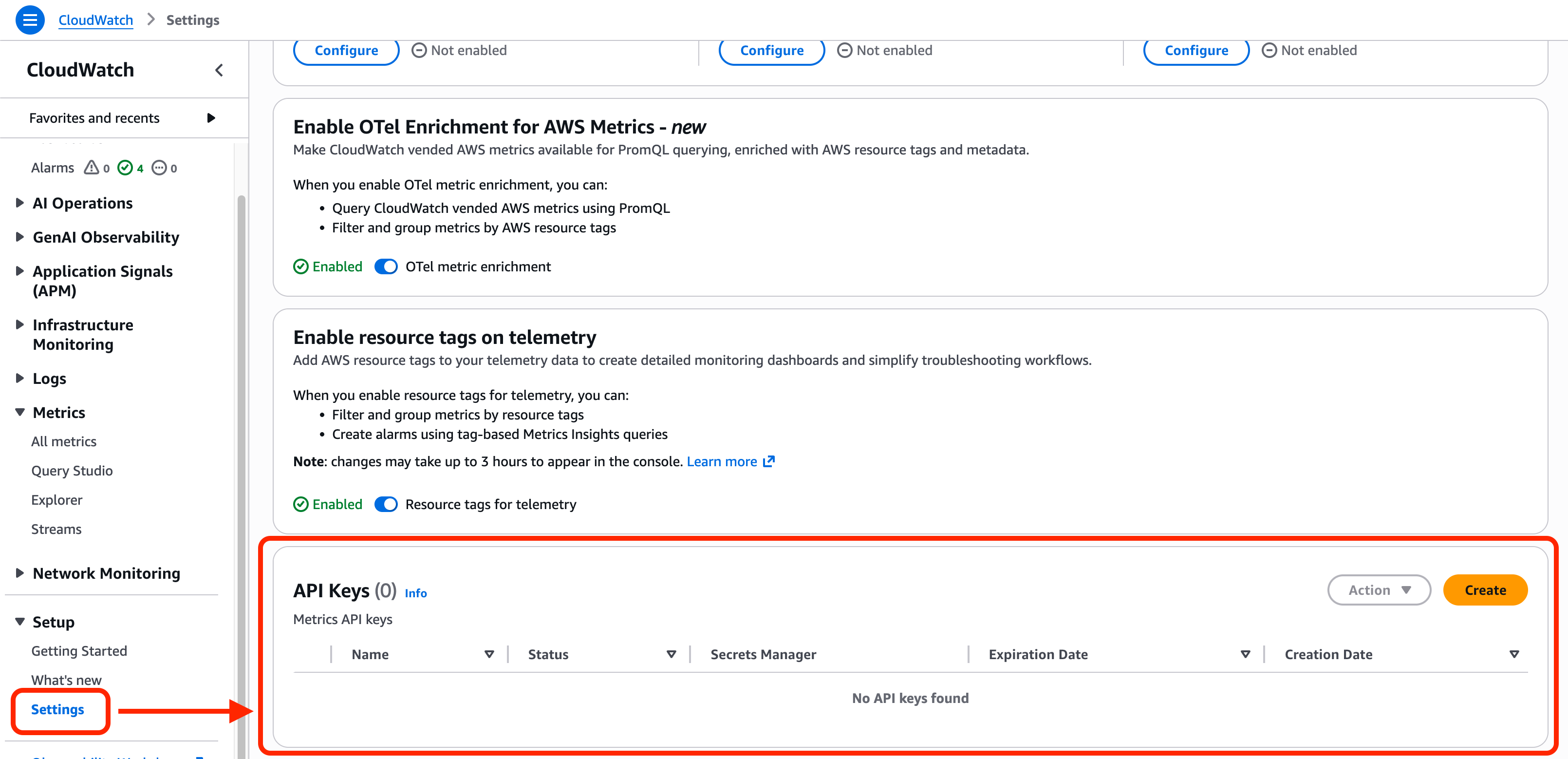 CloudWatch console Settings page showing the API Keys section with Create button
